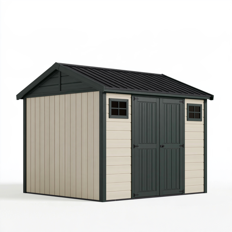 Geräteschuppen 230 x 185 x 210 cm aus Kunststoff Beige Anthrazit für den Garten mit Doppeltür und Satteldach