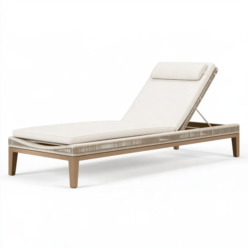 Gartenliege 200 x 75 cm aus Holz und Seilgeflecht in Beige mit verstellbarer Rückenlehne