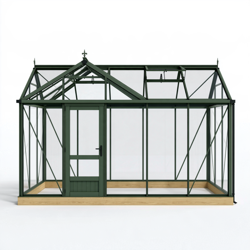 Gewächshaus 300 x 200 x 250 cm aus Metall und Glas in Dunkelgrün mit Dachfenstern