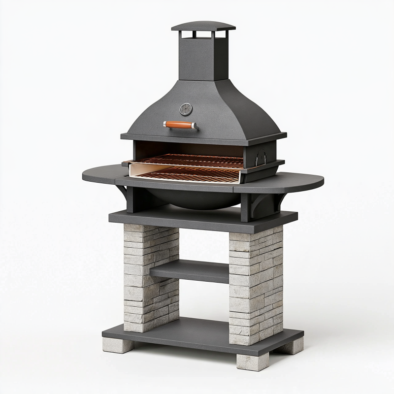 Grillkamin 130 x 70 x 210 cm aus Stahl und Stein anthrazitgrau mit Kaminhaube für den Garten