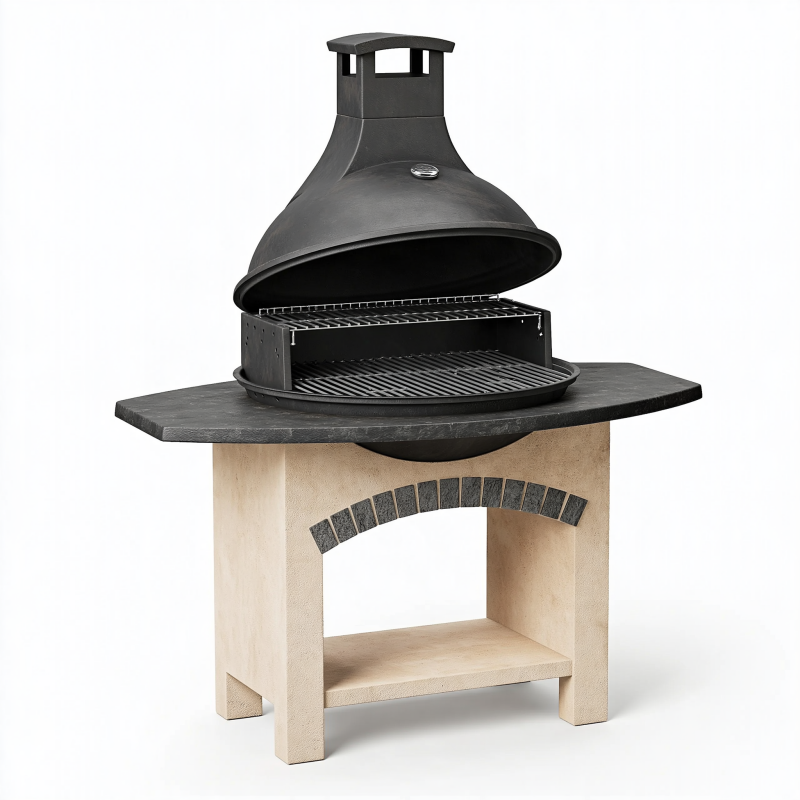 Grillkamin 120 x 80 x 190 cm Schwarz Beige aus Metall und Stein für den Garten mit Grillrost