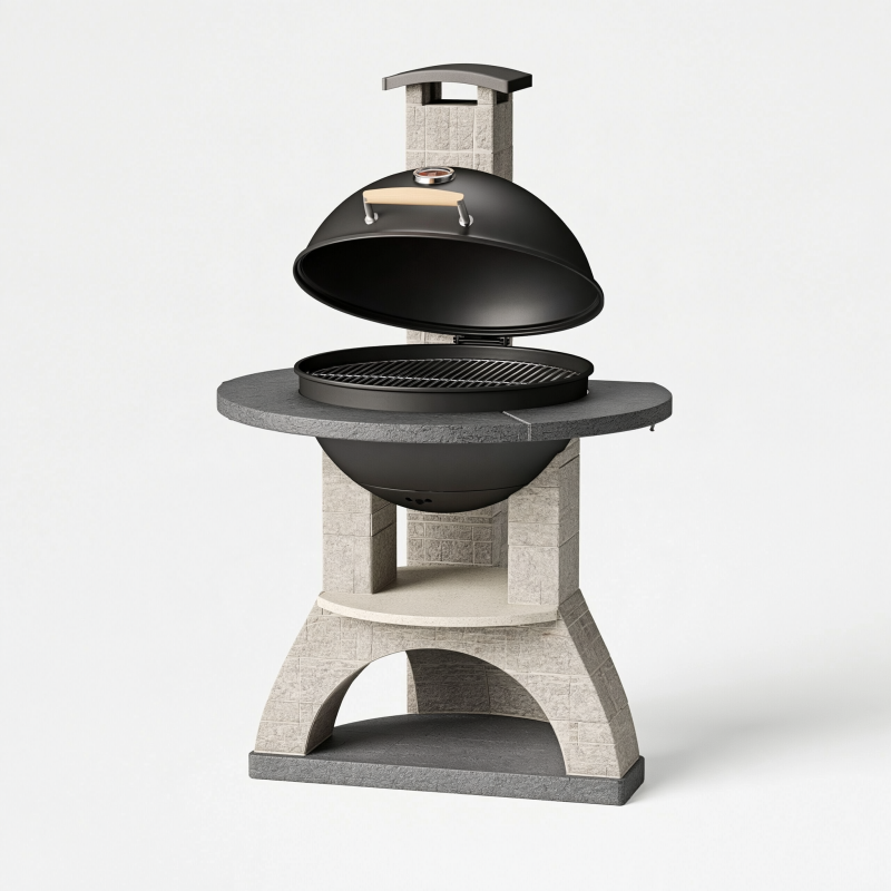 Grillkamin Ø 90 cm Naturstein Schwarz mit Deckel und Grillrost