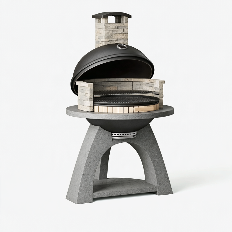 Gartenpizzaofen 90 cm Schwarz Grau aus Stahl Stein mit Kamin und Grillrost