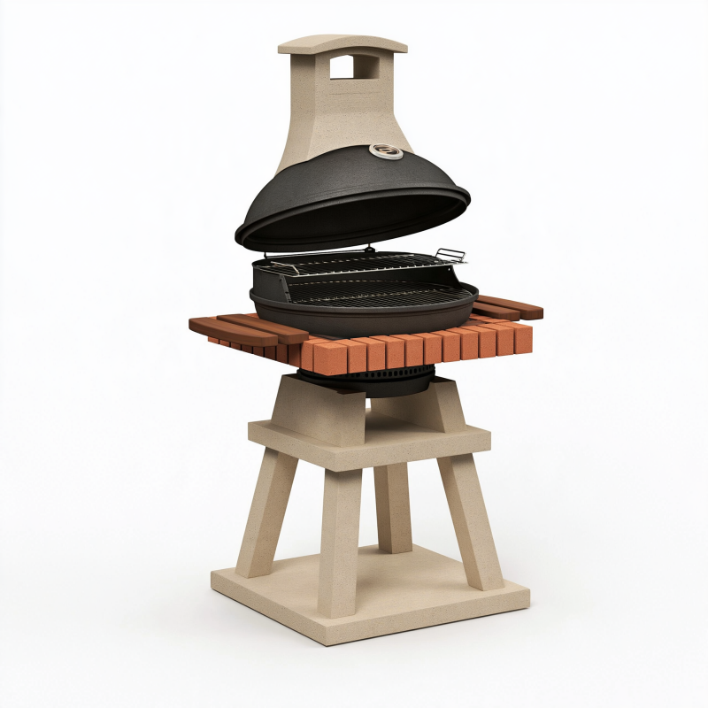 Gartengrill 80 x 70 x 150 cm aus Beton und Metall in Beige Schwarz mit Schornstein