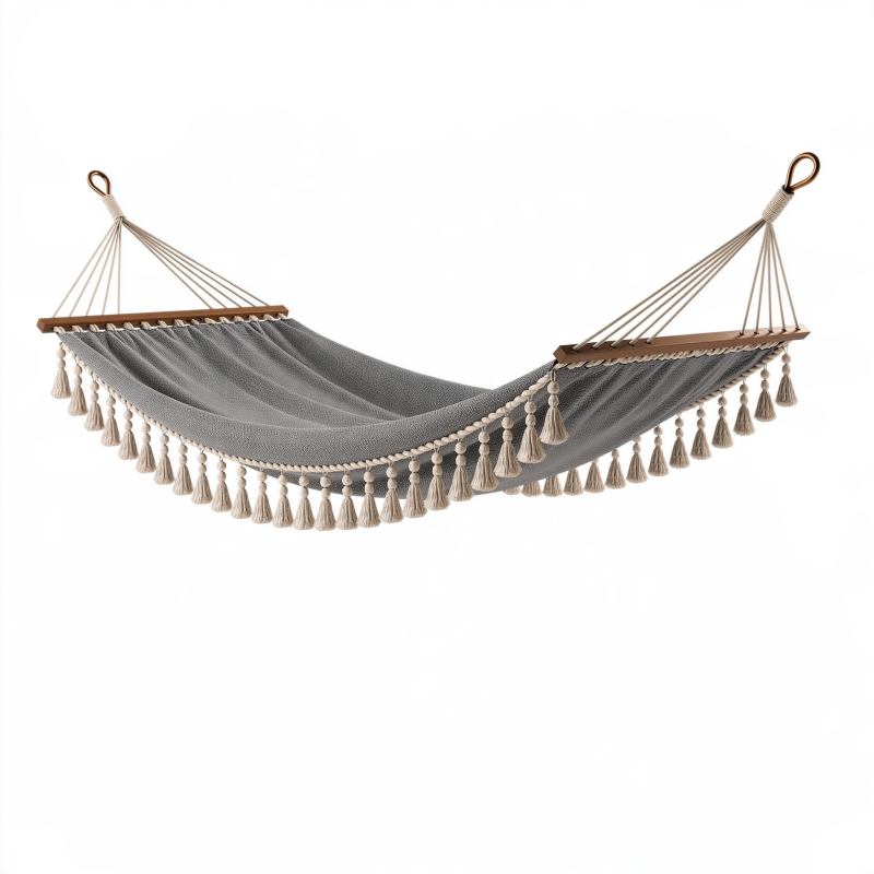 Hängematte 300 x 100 cm aus Baumwollgewebe Grau mit Holzspreizstäben im Boho-Stil