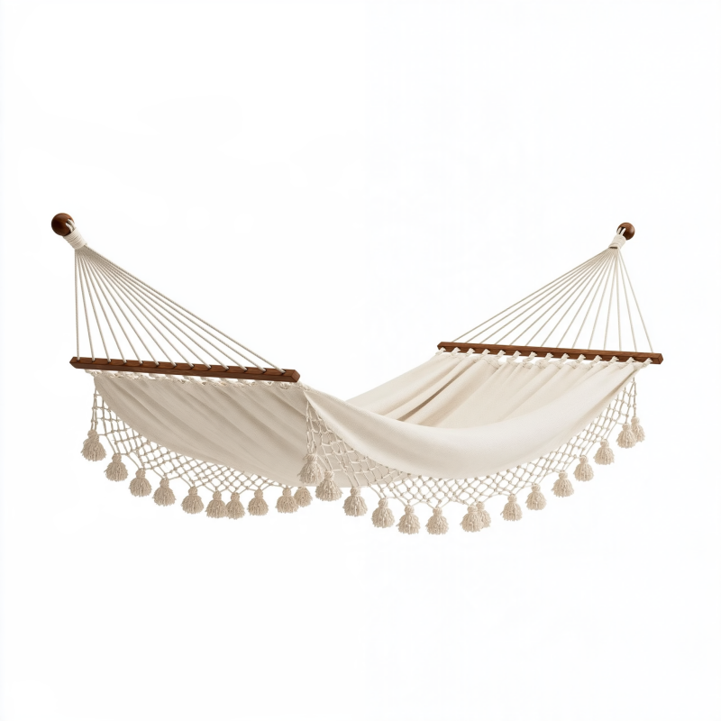 Hängematte 320 x 80 cm aus Baumwolle in Creme mit Holzstäben im Boho-Stil