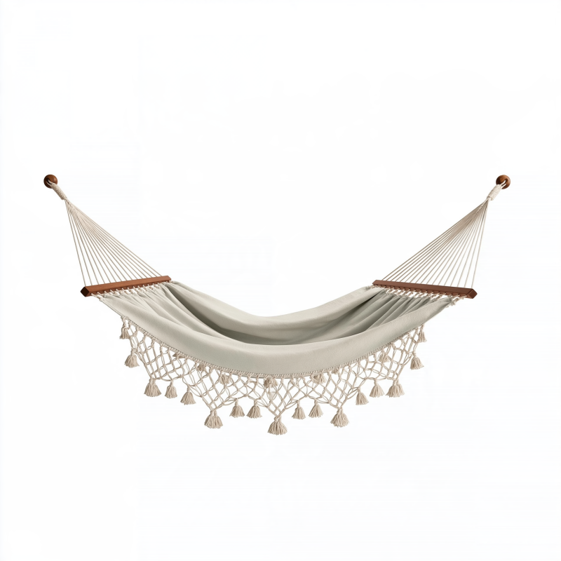 Hängematte 200 x 100 cm Baumwolle Beige mit Holzstäben Boho