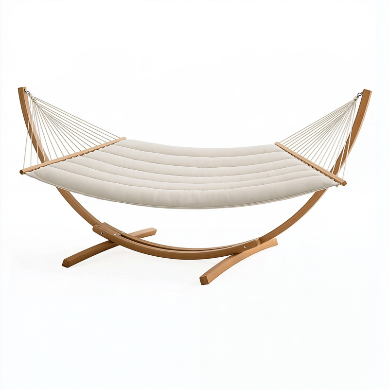 Hängematte mit Gestell 320 x 110 x 110 cm Textilgewebe Creme Naturholz freistehend