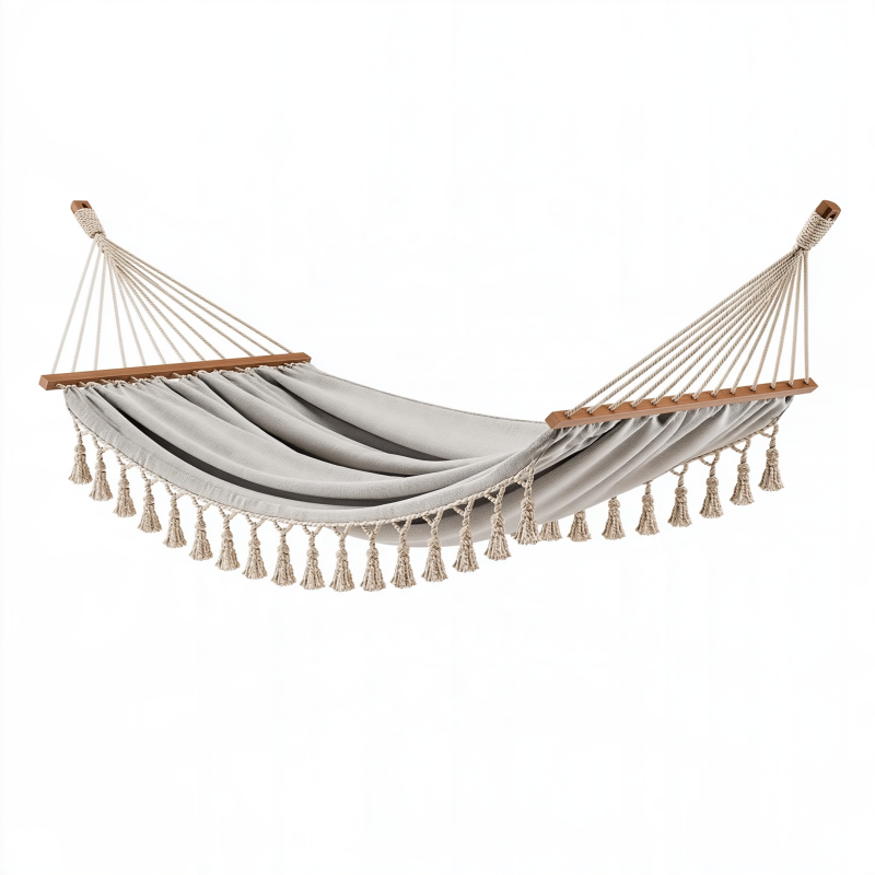 Hängematte 300 x 100 cm aus Baumwolle in Grau mit Holzstreben im Boho-Stil
